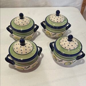 Polish Pottery Limon Swirl Soup with lids - Green and Blues Ceramic Bowl  Set. 4